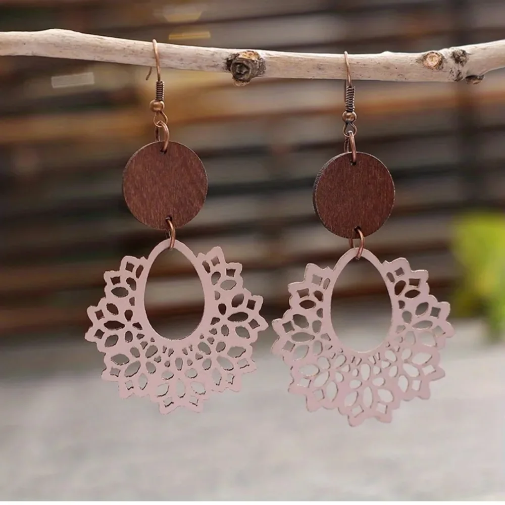 Hollow Pink/Nude Leather‎ Wood Spider Web Design Dangle 2/$15 3/$20 4/$25